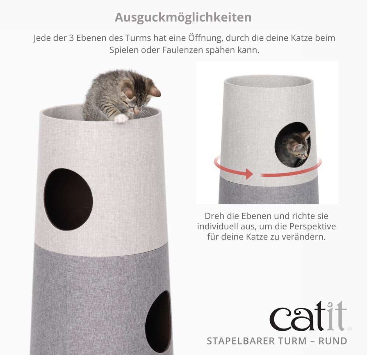 Stapelbarer Turm für Katzen mit 3 Ebenen rund
