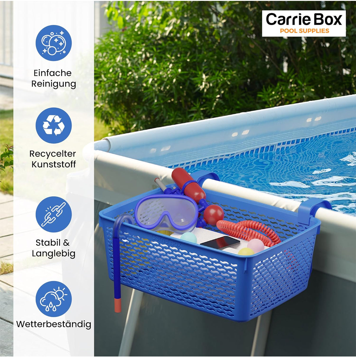 Carrie Box Pool Aufbewahrungskorb Blau | 18.7 L | Pool Korb aus Recyceltem Kunststoff | Pool Zubehör | Aufbewahrungskorb & Getränkehalter für den Pool