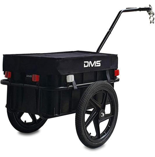 DMS® Fahrradanhänger, Lastenanhänger, Handwagen, mit Hochdeichsel, Transportbox mit 70 Liter Volumen, Max. 60kg, Kugel-Kupplung für Fahrräder mit 26'' - 28'' schwarz