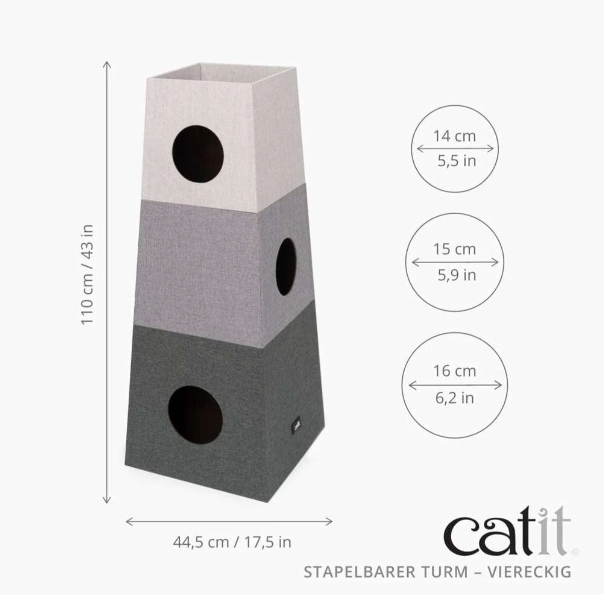 Stapelbarer Turm für Katzen mit 3 Ebenen eckig