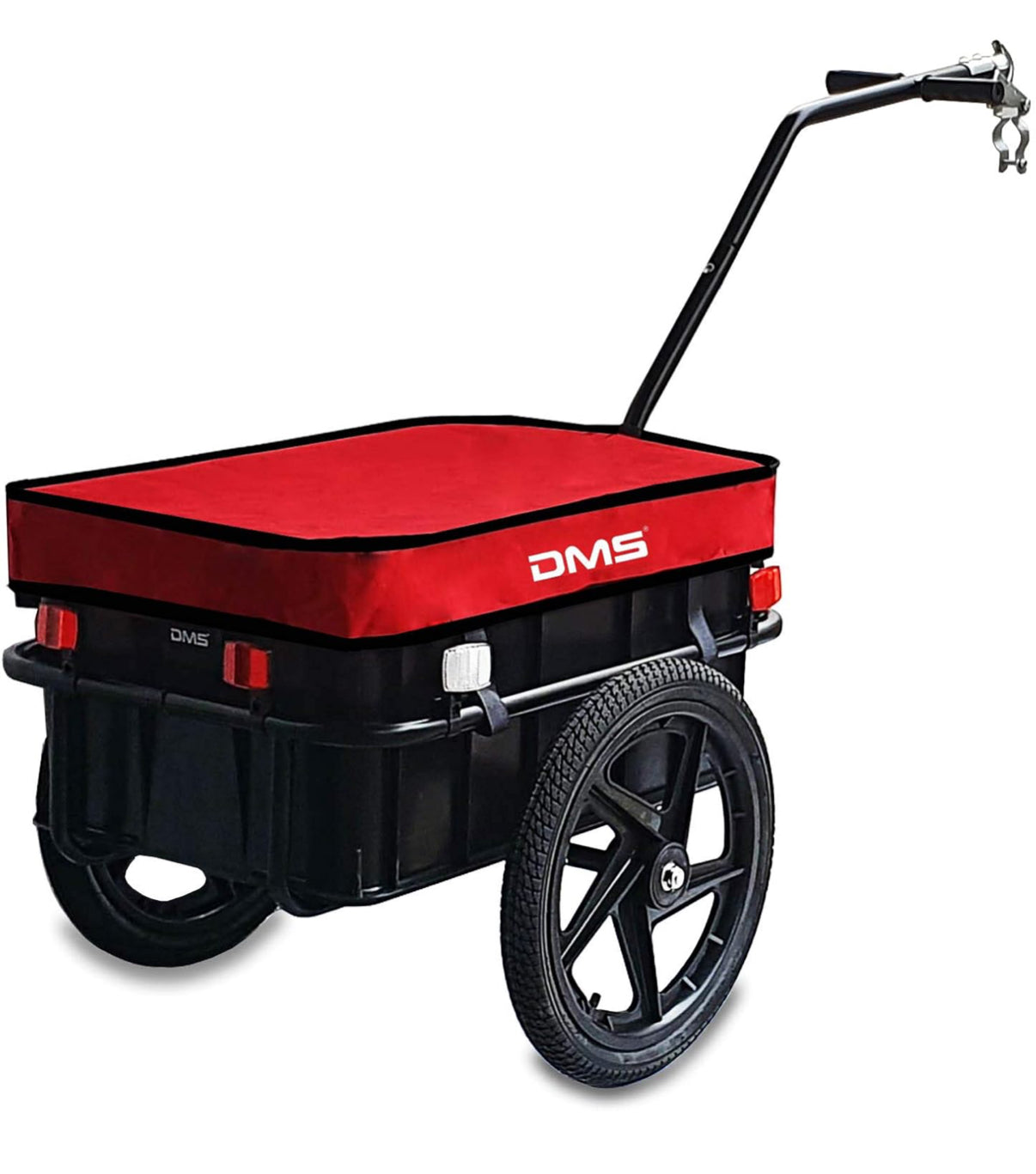 DMS® Fahrradanhänger, Lastenanhänger, Handwagen, mit Hochdeichsel, Transportbox mit 70 Liter Volumen, Max. 60kg, Kugel-Kupplung für Fahrräder mit 26'' - 28'' rot