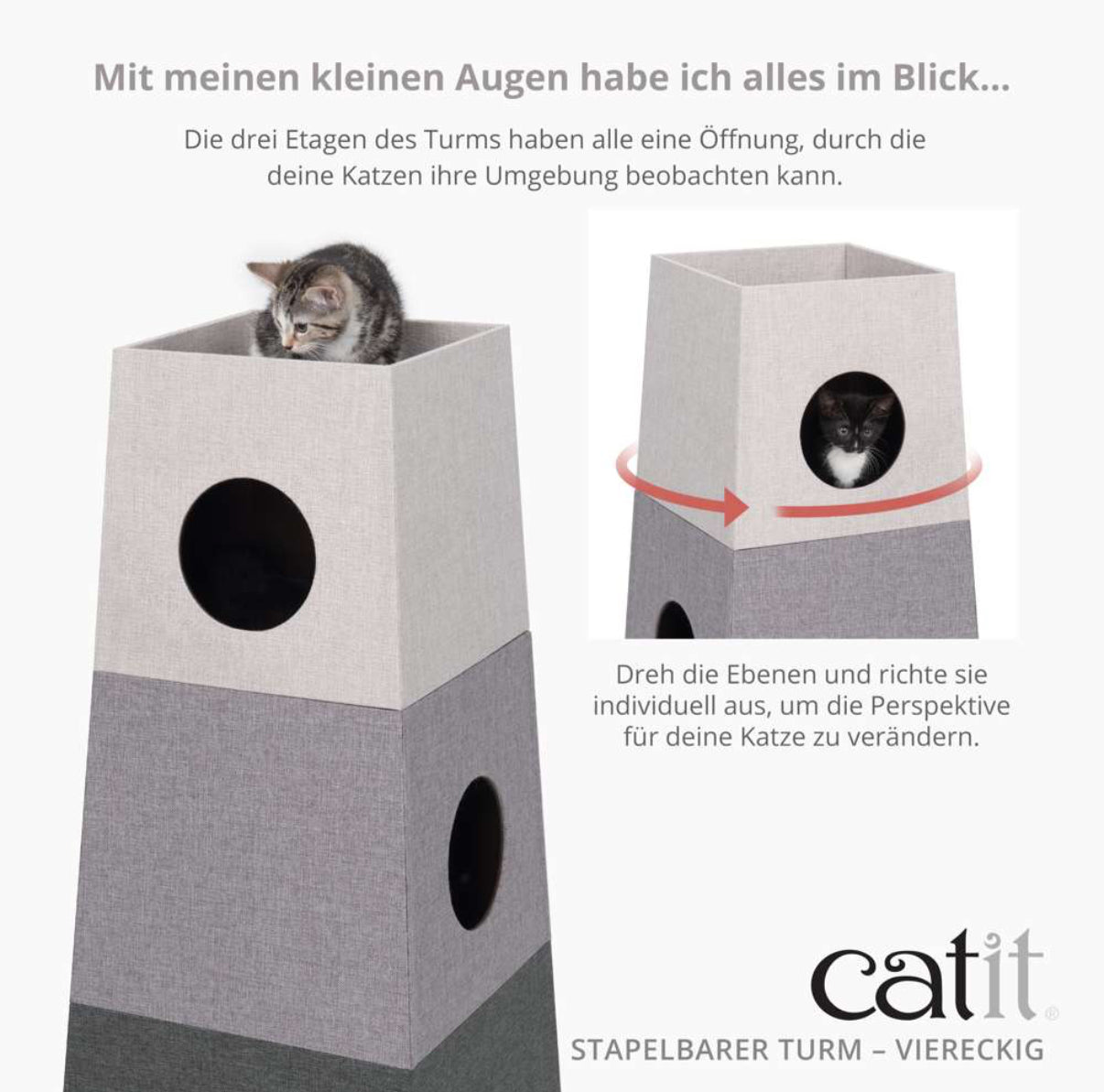 Stapelbarer Turm für Katzen mit 3 Ebenen eckig